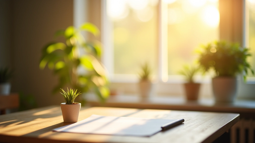 Kalme werkplek met minimaal design, rustige omgeving, natuurlijk licht door raam, plantje op bureau