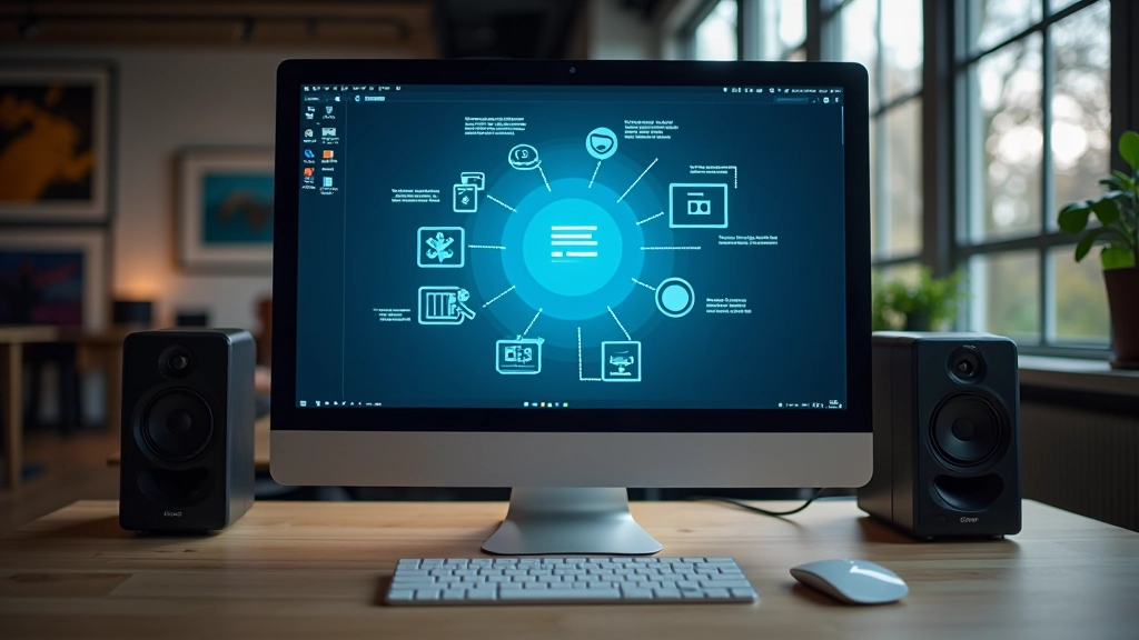 Digitaal gereedschap op een computer scherm, focus op productiviteit apps, heldere interface, modern werkbureau