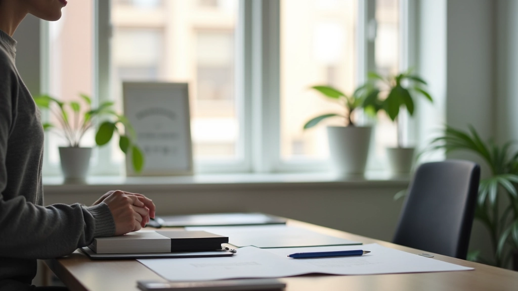 Minimalistische werkruimte met raam, natuurlijk daglicht, enkele essentiële voorwerpen op bureau, rustige omgeving
