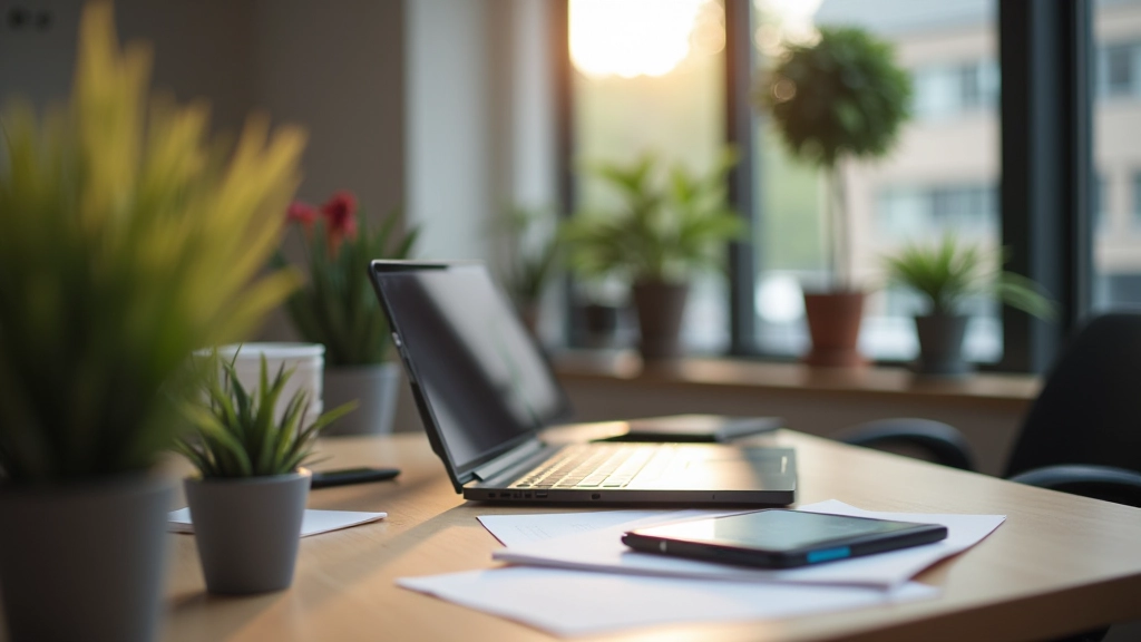 Werkbureau met alleen laptop en notitieboek, geen telefoon zichtbaar, georganiseerde werkplek zonder visuele ruis