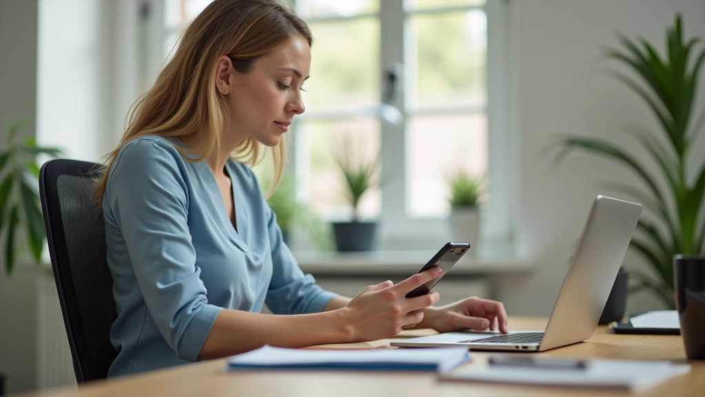 Persoon aan werkplek die telefoon uit zicht heeft gezet, geconcentreerd aan laptop werkend, opgeruimde werkruimte, natuurlijk daglicht