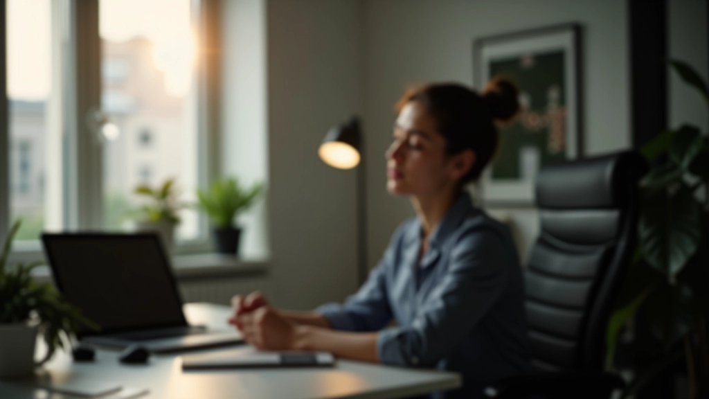 Persoon die aan bureau werkt met gesloten ogen, mentale pauze tussen werkblokken, rustmoment zichtbaar