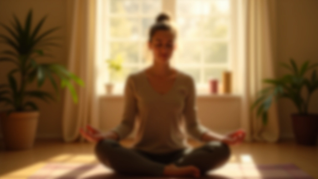 Meditatieve omgeving met rustgevende elementen, persoon in reflectieve staat, bewuste mindfulness praktijk, kalme sfeer