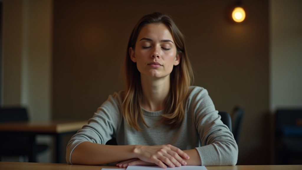 Persoon die focust op een taak met gesloten ogen, zittend in een comfortabele houding, concentratie uitstralingen, neutrale achtergrond