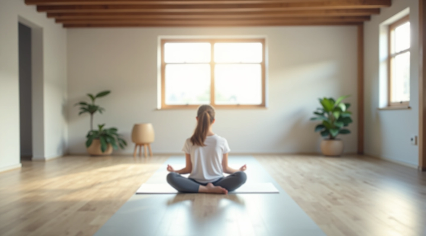 Rustige trainingsruimte met minimale afleidingen, natuurlijk licht, meditatieve sfeer, professionele omgeving